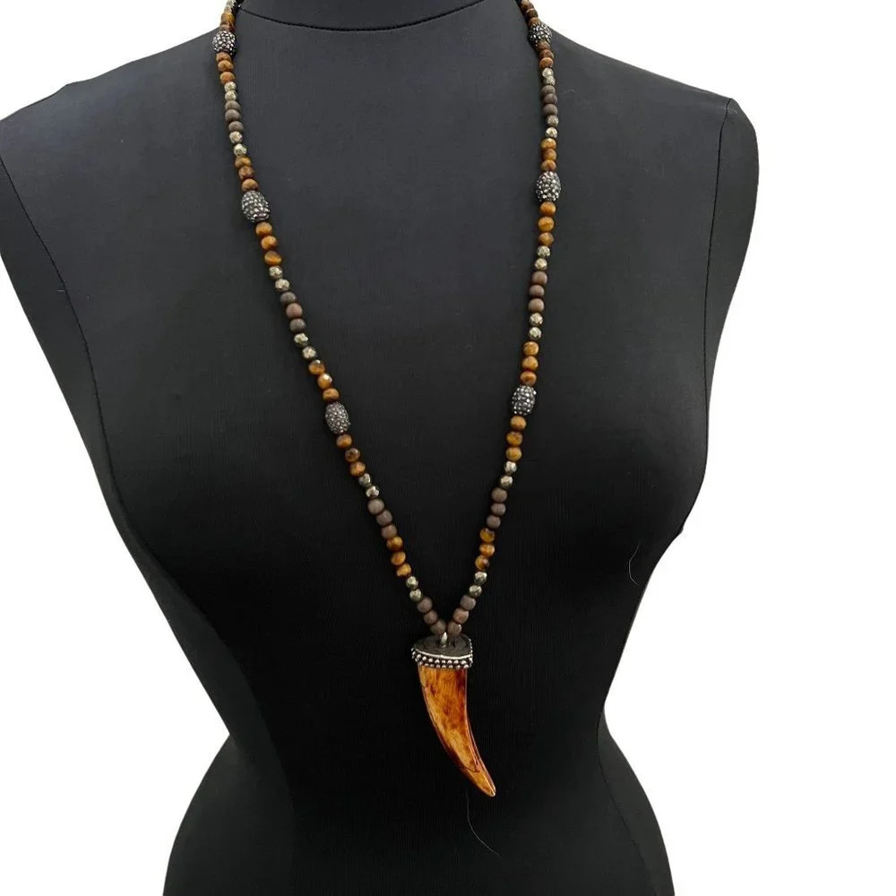 Tiger Eye Pyrite Wood Crystal Horn Pendant Necklace - Picture 2 of 6